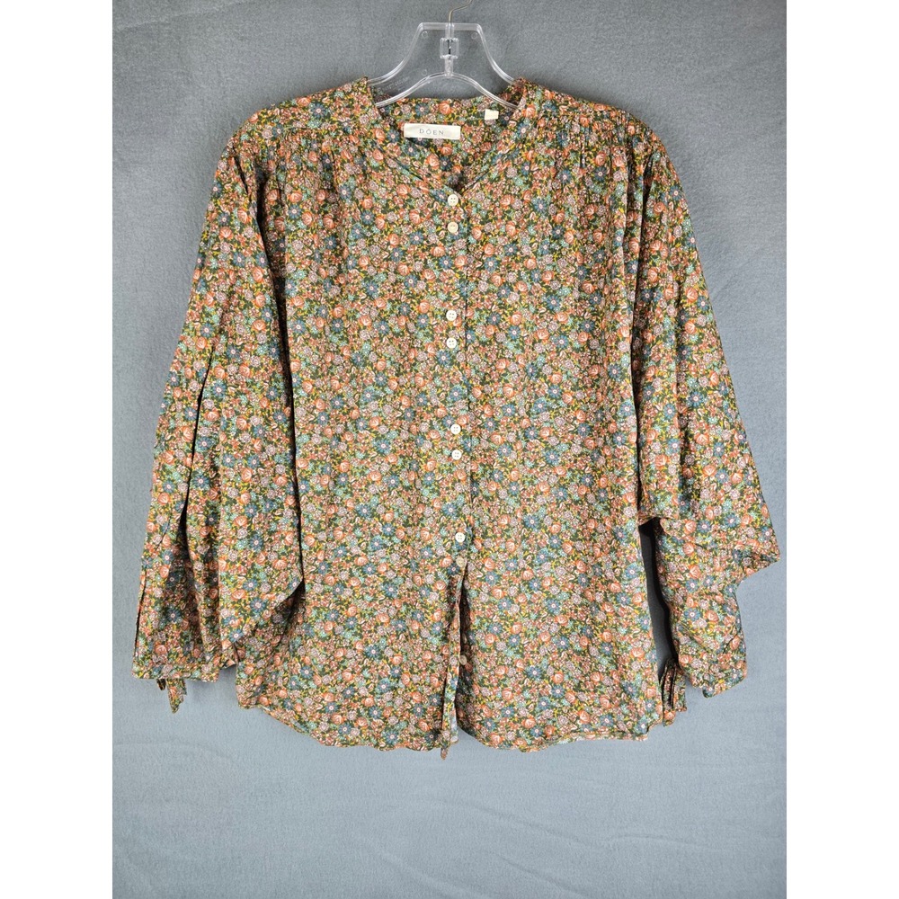 DOEN Blouse Women M Multicolor Floral Button Front Boho Organic Cotton Top